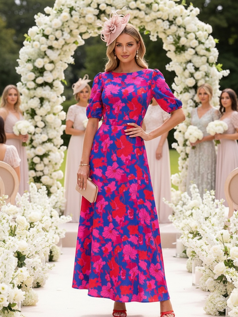 Vibrant Blue Floral Maxi Dress with Pink & Red Print